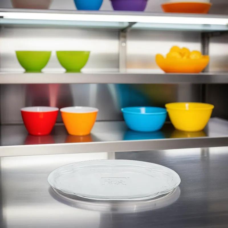 The BOTTLEBOX ® Rose Bowl Lid Flat 6.8X0.75 IN 1 Compartment RPET Clear Round For 24-48 OZ Bowl Unhinged 300/Case