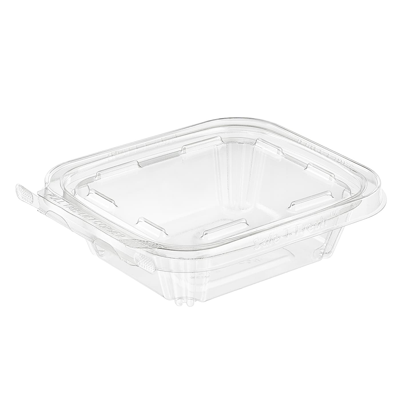 Safe-T-Fresh® Deli Container Hinged With Flat Lid 8 OZ RPET Clear Rectangle 240/Case