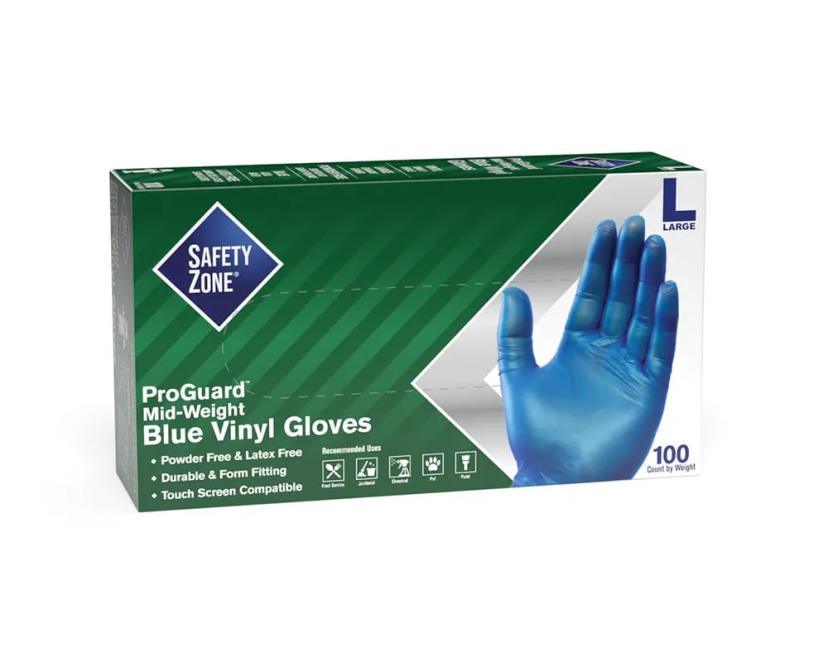 Safety Zone® Gloves Medium (MED) Blue Vinyl Powder-Free 100 Count/Pack 10 Packs/Case