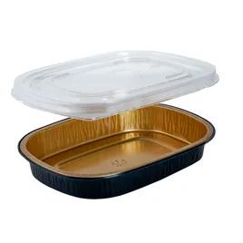 Take-Out Container Base & Lid Combo With Dome Lid Medium (MED) 52 OZ Aluminum Plastic Black Gold Oblong Shallow 50/Case