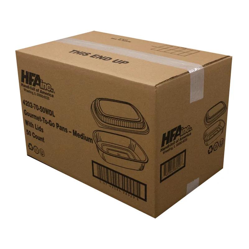 Take-Out Container Base & Lid Combo With Dome Lid Medium (MED) 52 OZ Aluminum Plastic Black Gold Oblong Shallow 50/Case