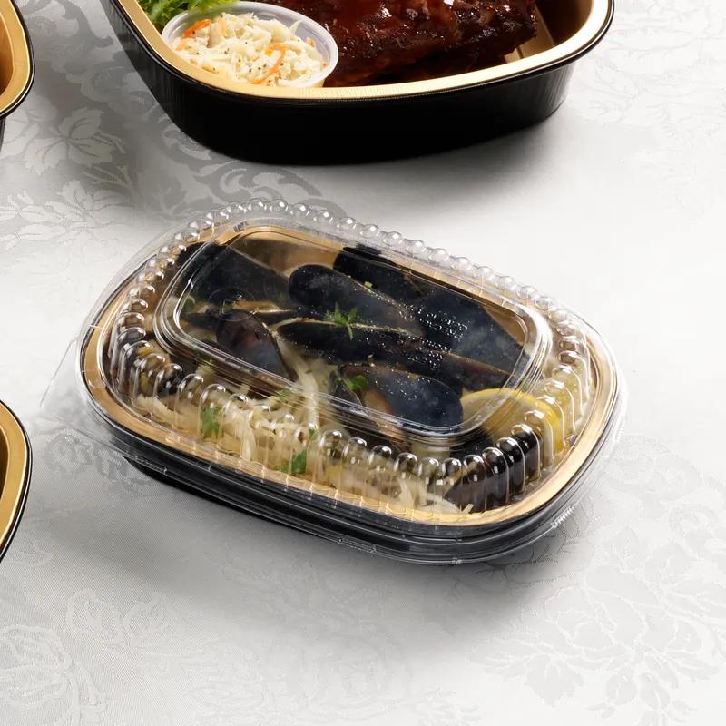 Take-Out Container Base & Lid Combo With Dome Lid Medium (MED) 52 OZ Aluminum Plastic Black Gold Oblong Shallow 50/Case