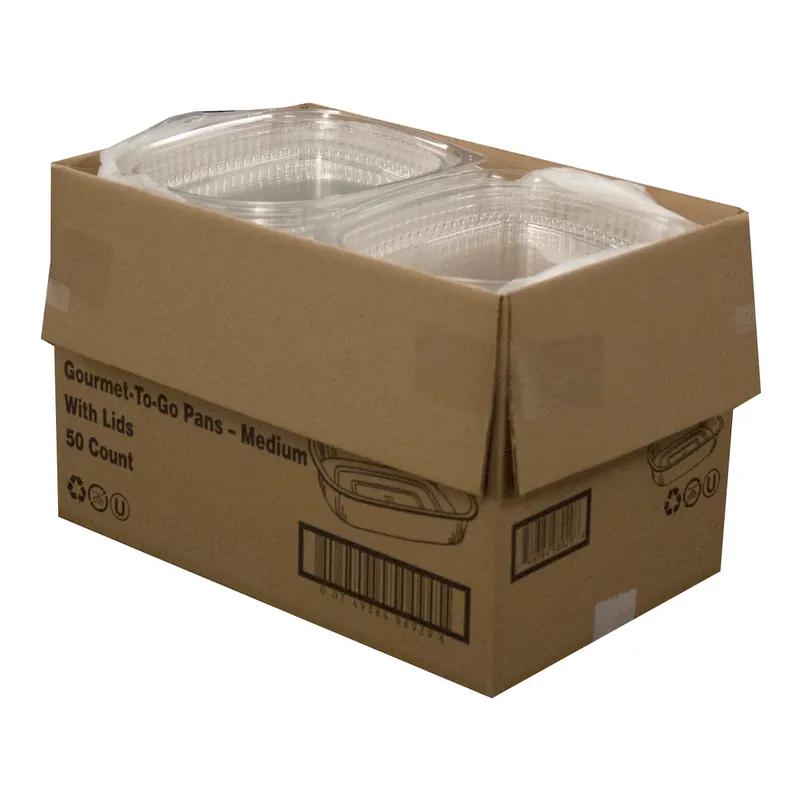 Take-Out Container Base & Lid Combo With Dome Lid Medium (MED) 52 OZ Aluminum Plastic Black Gold Oblong Shallow 50/Case