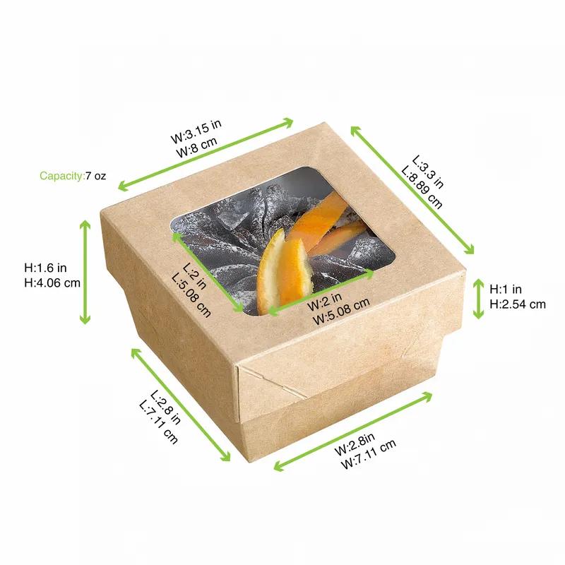 Bakery Box Small (SM) 8.5 OZ 2.8X2.8X1.6 IN Corrugated Paperboard Kraft 2-Piece With Window 25 Count/Pack 10 Packs/Case
