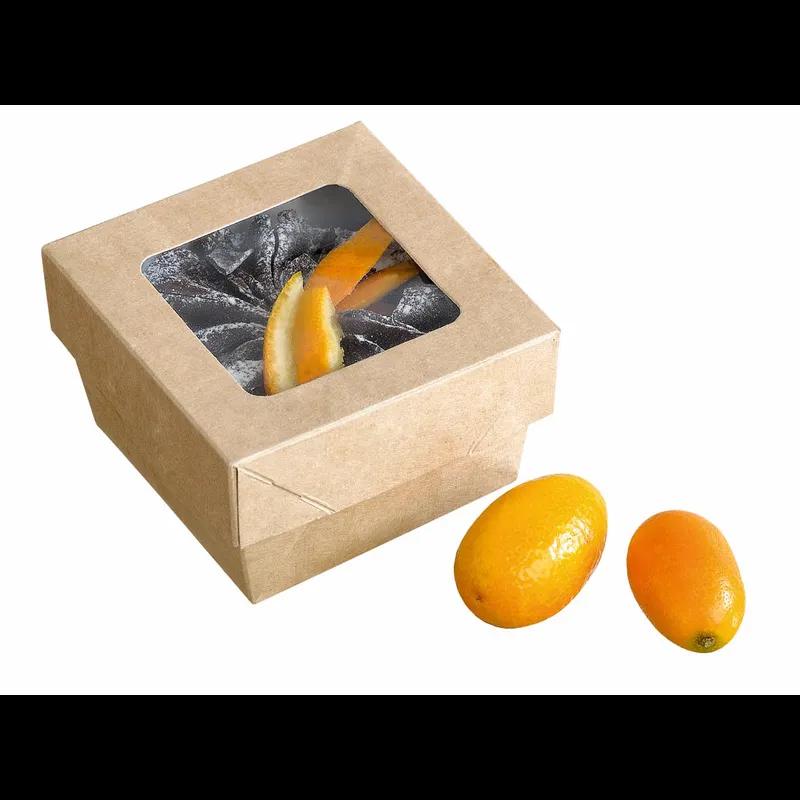 Bakery Box Small (SM) 8.5 OZ 2.8X2.8X1.6 IN Corrugated Paperboard Kraft 2-Piece With Window 25 Count/Pack 10 Packs/Case