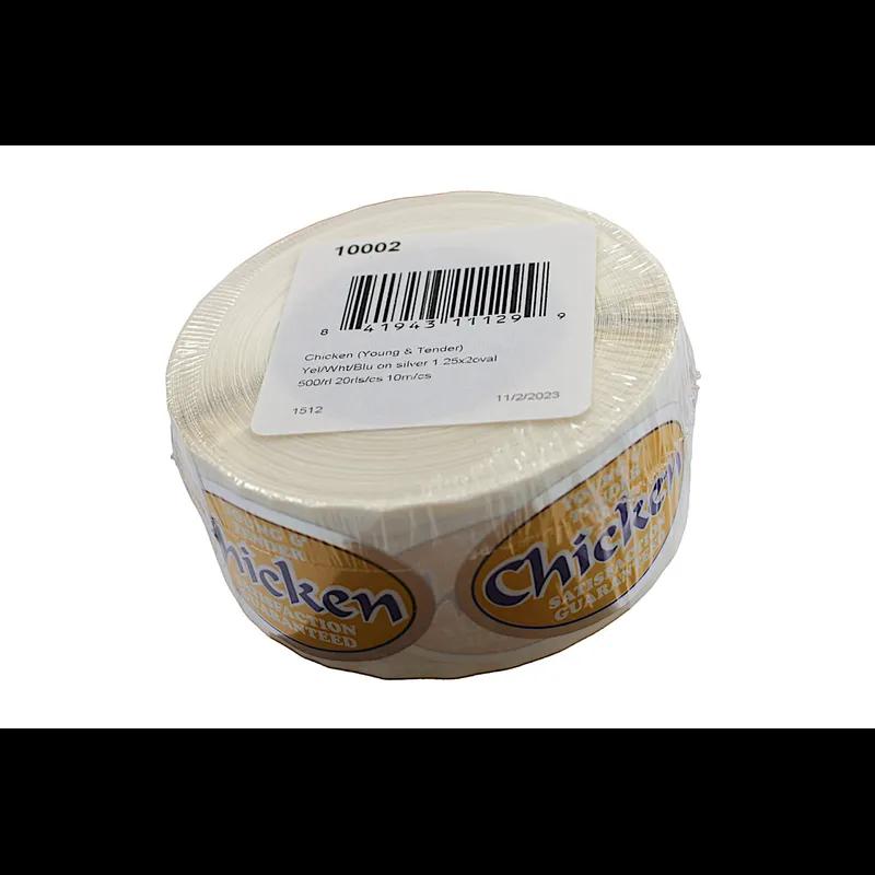 Young & Tender Chicken Meat Label 1.25X2 IN Silver Yellow White Blue Oval Foil 500 Count/Roll 20 Rolls/Case