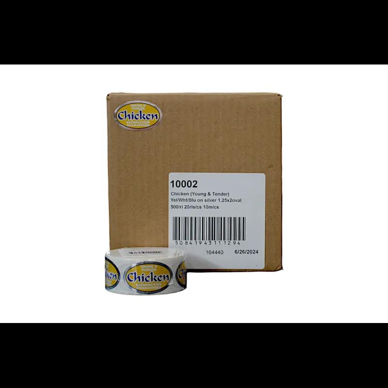 Young & Tender Chicken Meat Label 1.25X2 IN Silver Yellow White Blue Oval Foil 500 Count/Roll 20 Rolls/Case