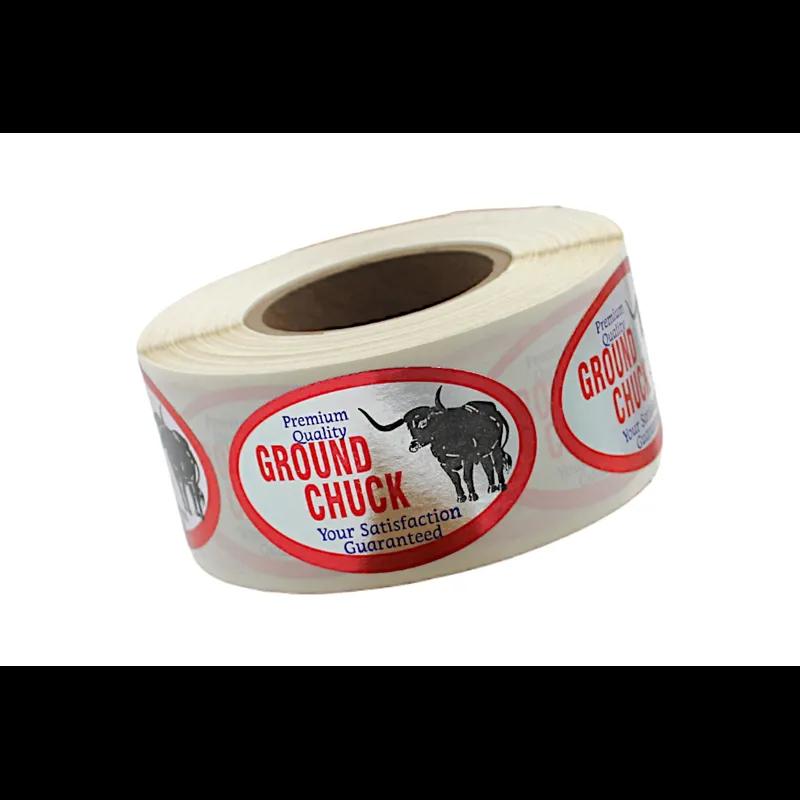 Premium Quality Ground Chuck Meat Label 1.25X2 IN Silver Red Black Blue Oval 500 Count/Roll 20 Rolls/Case