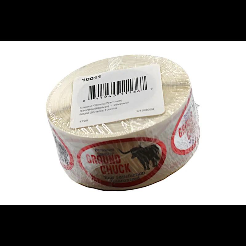 Premium Quality Ground Chuck Meat Label 1.25X2 IN Silver Red Black Blue Oval 500 Count/Roll 20 Rolls/Case