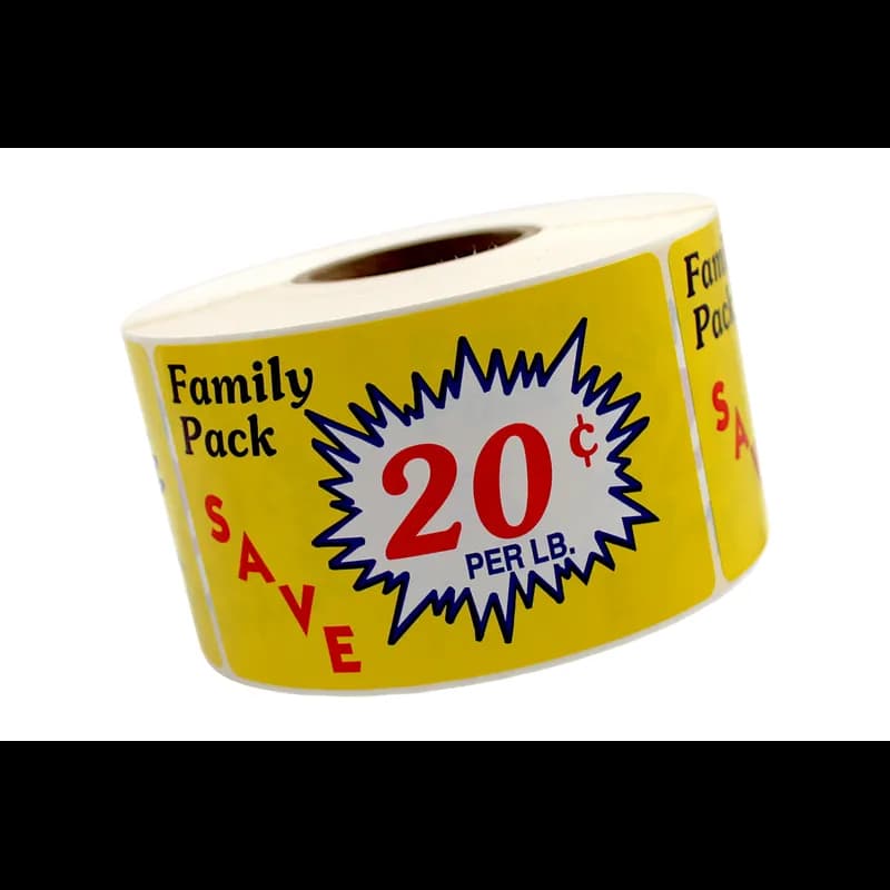 Family Pack Save 20¢ Per LB Meat Value Family Label 2.2X3.6 IN Yellow Red Blue Burst 500 Count/Roll 20 Rolls/Case