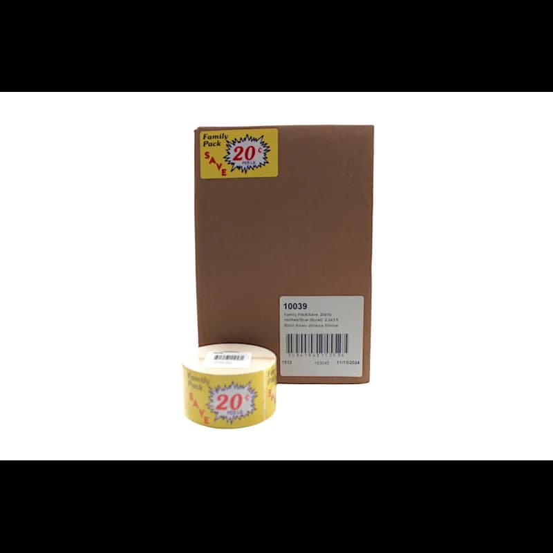 Family Pack Save 20¢ Per LB Meat Value Family Label 2.2X3.6 IN Yellow Red Blue Burst 500 Count/Roll 20 Rolls/Case