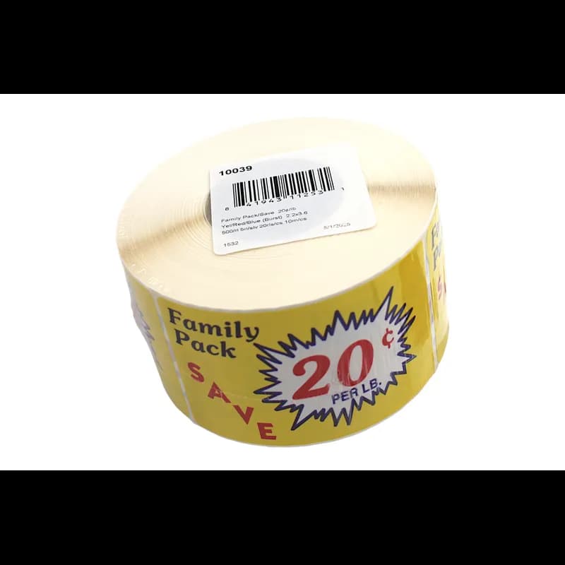 Family Pack Save 20¢ Per LB Meat Value Family Label 2.2X3.6 IN Yellow Red Blue Burst 500 Count/Roll 20 Rolls/Case
