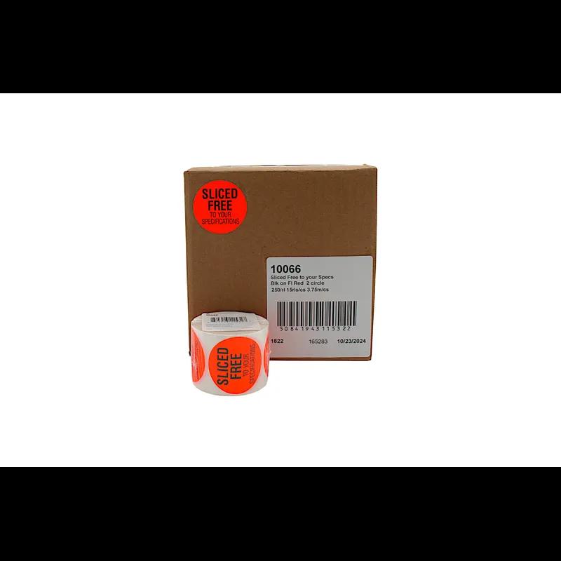 Sliced Free To Your Specifications Meat Label 2 IN Black Fluorescent Red Circle 250 Count/Roll 15 Rolls/Case