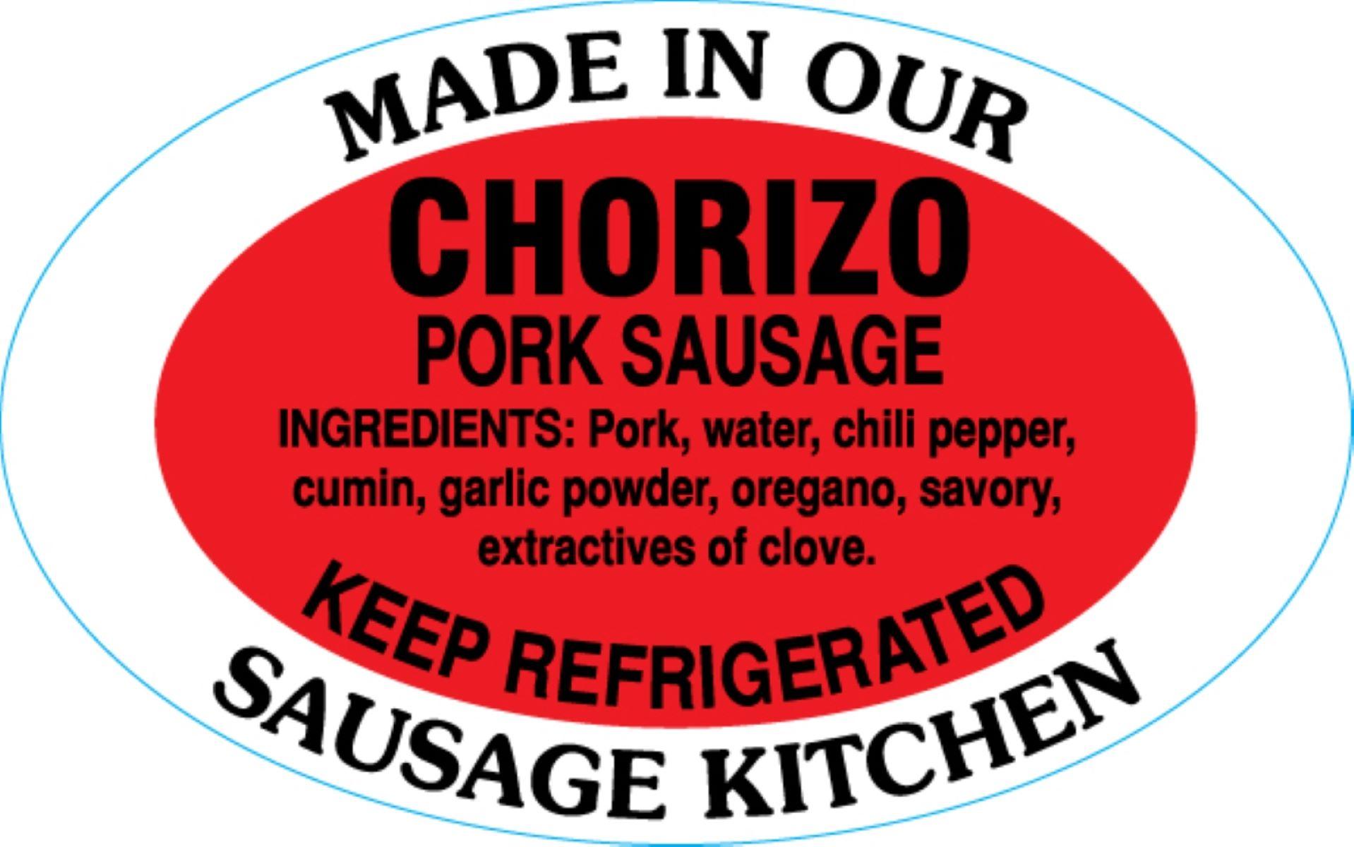 Chorizo Pork Sausage Made in Our Sausage Kitchen Ingredient Label 1.25X2 IN Red Black Oval 500 Count/Roll 20 Rolls/Case