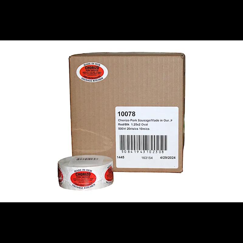 Chorizo Pork Sausage Made in Our Sausage Kitchen Ingredient Label 1.25X2 IN Red Black Oval 500 Count/Roll 20 Rolls/Case