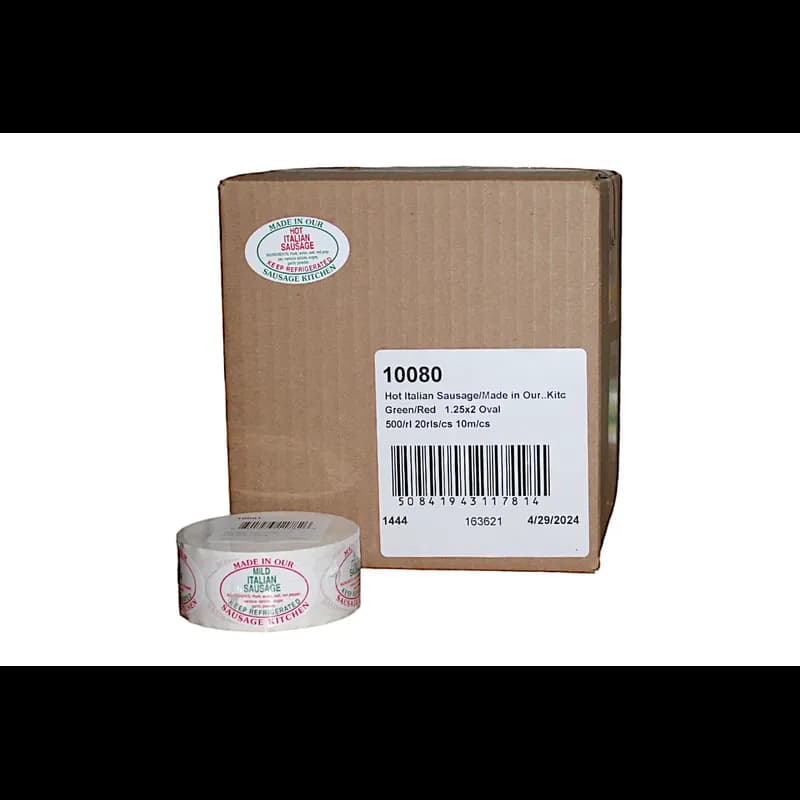 Hot Italian Sausage Made in Our Sausage Kitchen Ingredient Label 1.25X2 IN Green Red Oval 500 Count/Roll 20 Rolls/Case