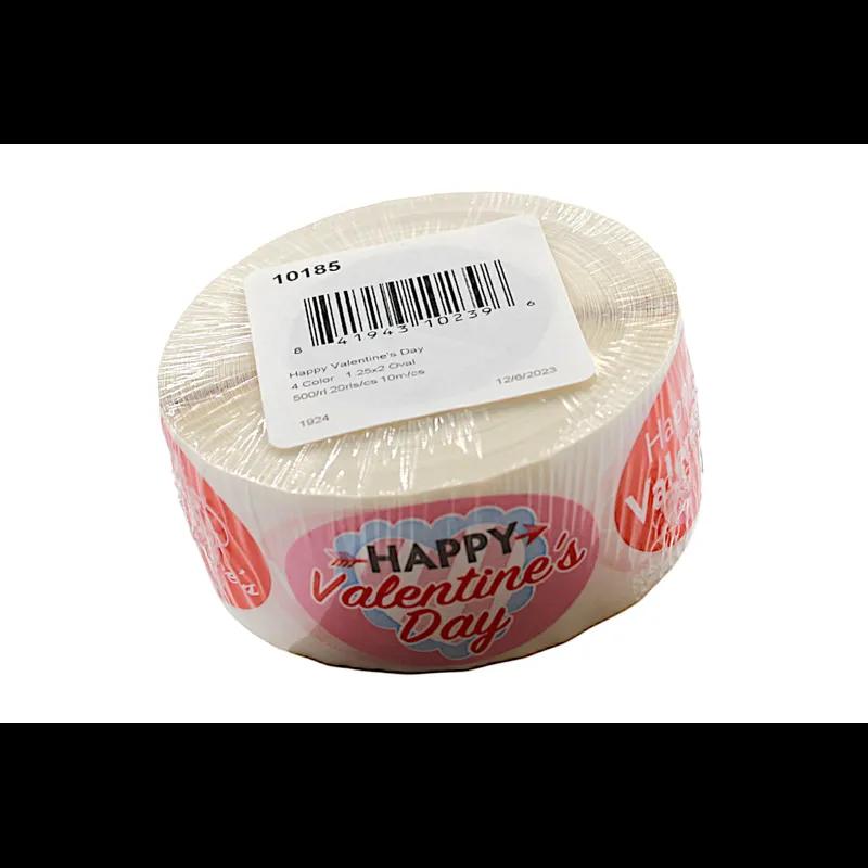 Happy Valentine's Day Holiday Label 1.25X2 IN 4 Color Oval 500 Count/Roll 20 Rolls/Case 10000 Count/Case