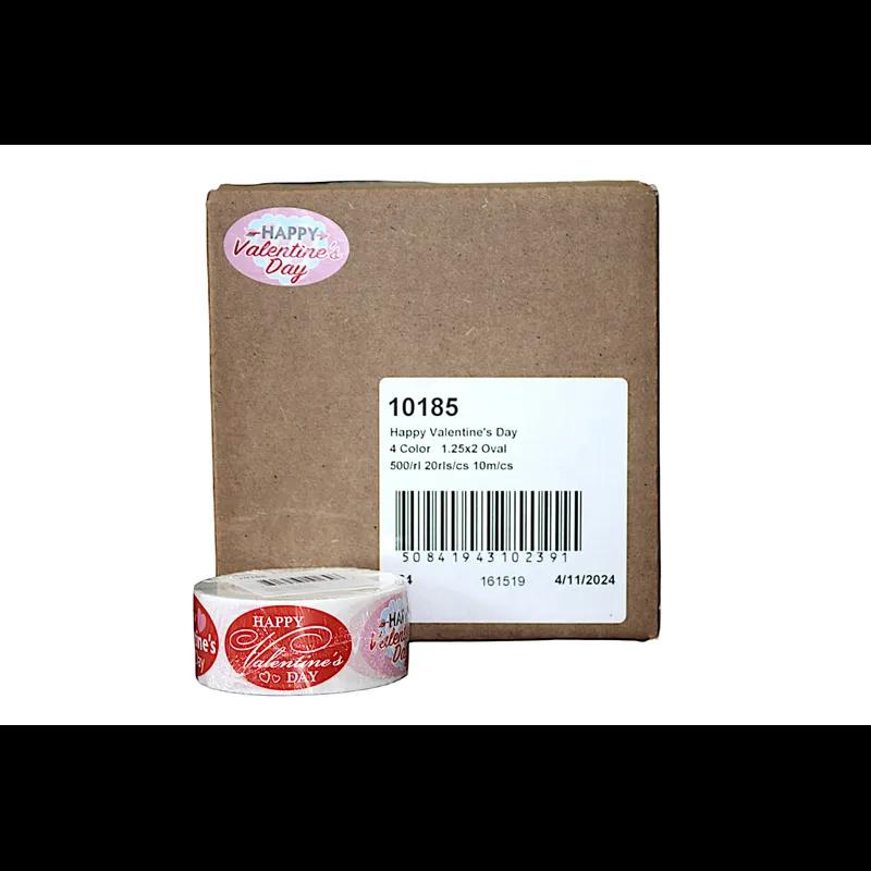 Happy Valentine's Day Holiday Label 1.25X2 IN 4 Color Oval 500 Count/Roll 20 Rolls/Case 10000 Count/Case