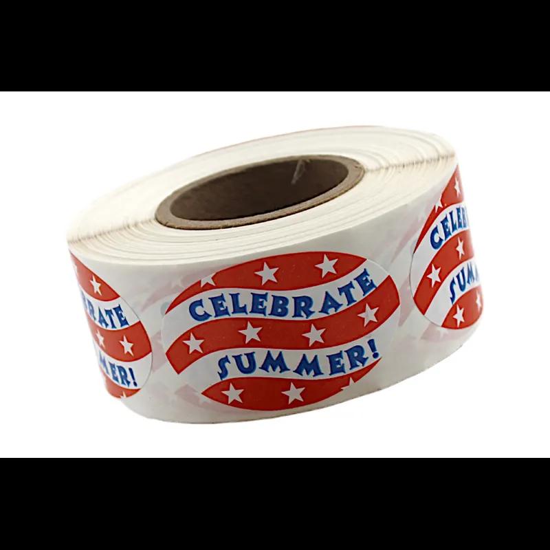 Celebrate Summer Holiday Label 1.25X2 IN Red Blue Oval Paper 500 Count/Roll 20 Rolls/Case 10000 Count/Case