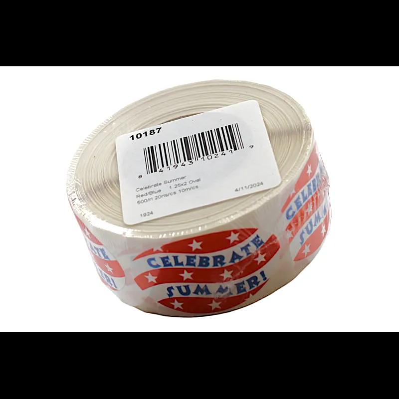 Celebrate Summer Holiday Label 1.25X2 IN Red Blue Oval Paper 500 Count/Roll 20 Rolls/Case 10000 Count/Case