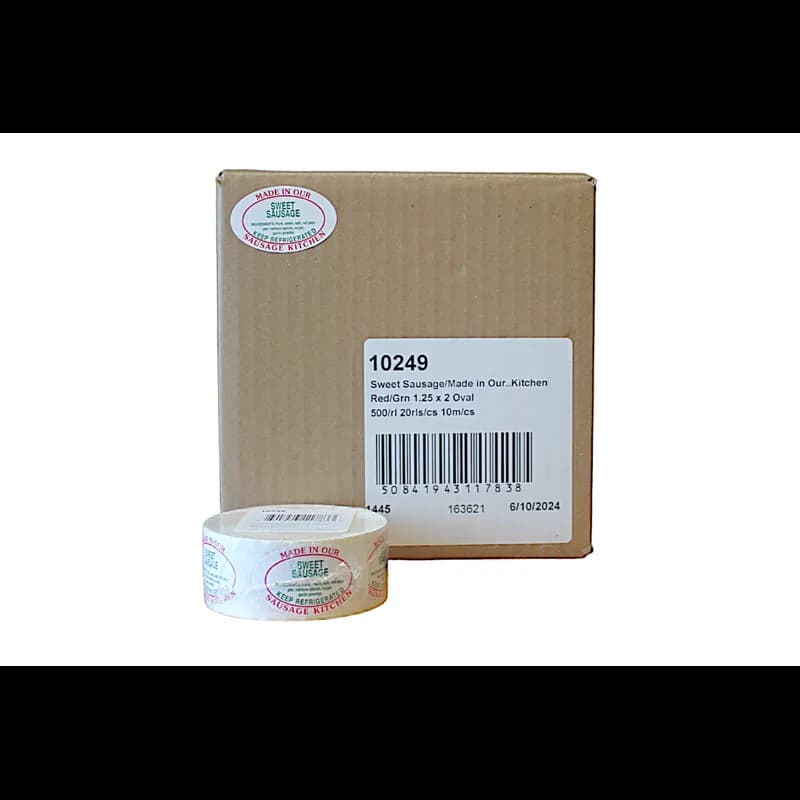 Sweet Sausage Made in Our Sausage Kitchen Meat Ingredient Label 1.25X2 IN Red Green Oval 500 Count/Roll 20 Rolls/Case