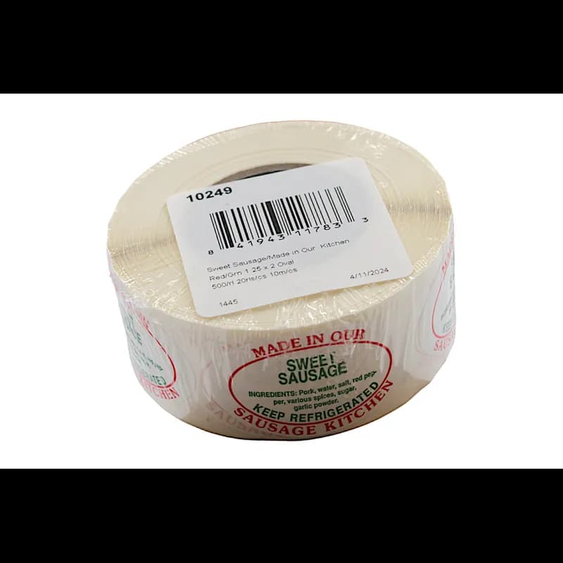 Sweet Sausage Made in Our Sausage Kitchen Meat Ingredient Label 1.25X2 IN Red Green Oval 500 Count/Roll 20 Rolls/Case
