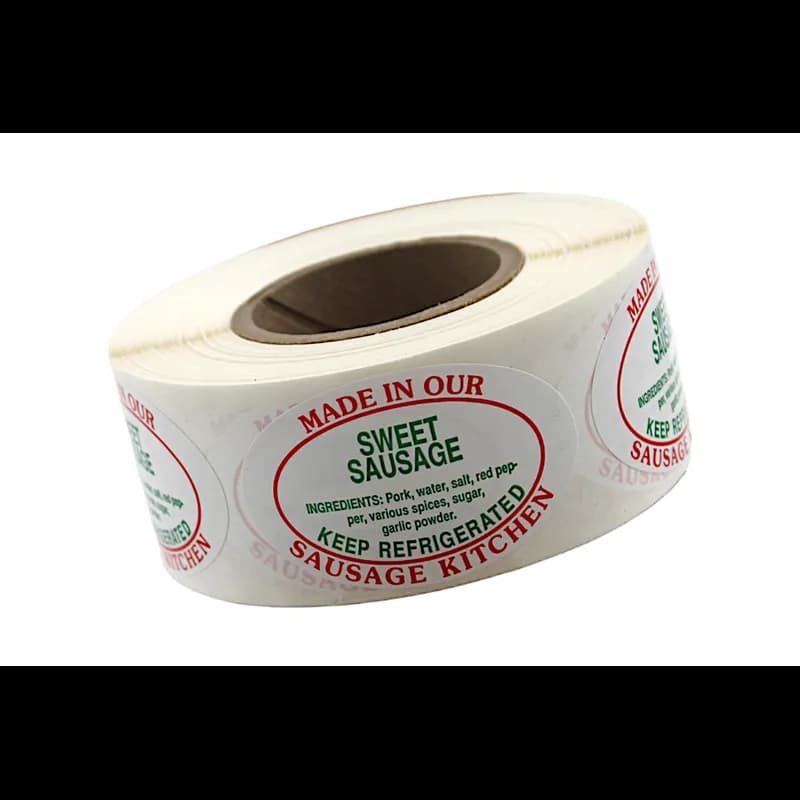 Sweet Sausage Made in Our Sausage Kitchen Meat Ingredient Label 1.25X2 IN Red Green Oval 500 Count/Roll 20 Rolls/Case