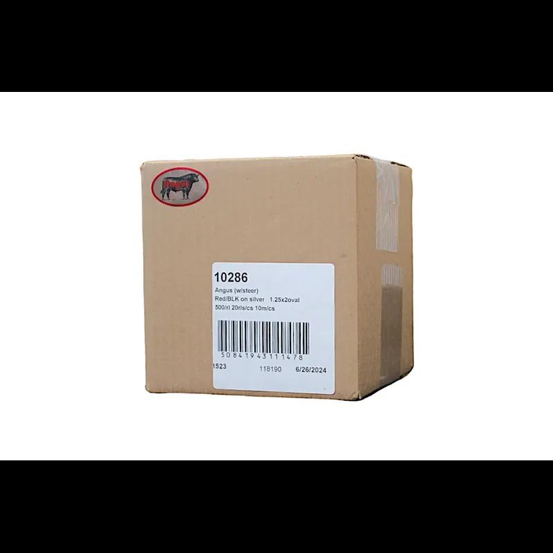 Angus Meat Label 1.25X2 IN Silver Red Black With Steer Oval 500 Count/Roll 20 Rolls/Case 10000 Count/Case