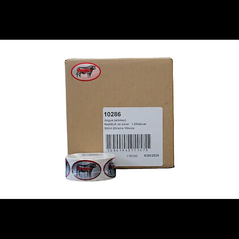 Angus Meat Label 1.25X2 IN Silver Red Black With Steer Oval 500 Count/Roll 20 Rolls/Case 10000 Count/Case