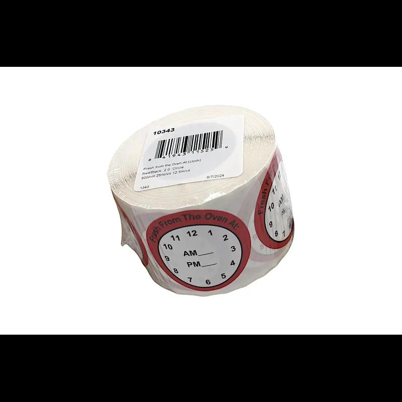 Fresh From The Oven At Bakery Food Safety Label 2 IN Red Black Clock 500 Count/Roll 25 Rolls/Case 12500 Count/Case