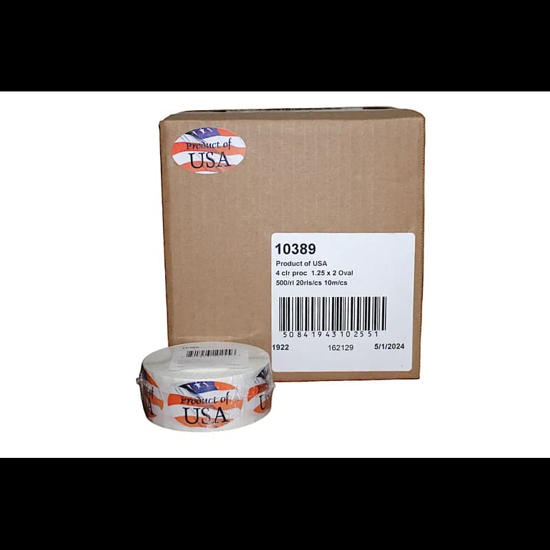 Product of USA Meat Origin Label 1.25X2 IN Oval 4 Color Process 500 Count/Roll 20 Rolls/Case 10000 Count/Case