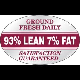 Ground Fresh 93% Lean 7% Fat Meat Grinds Label 1.25X2 IN White Maroon Silver Oval Foil 500 Count/Roll 20 Rolls/Case