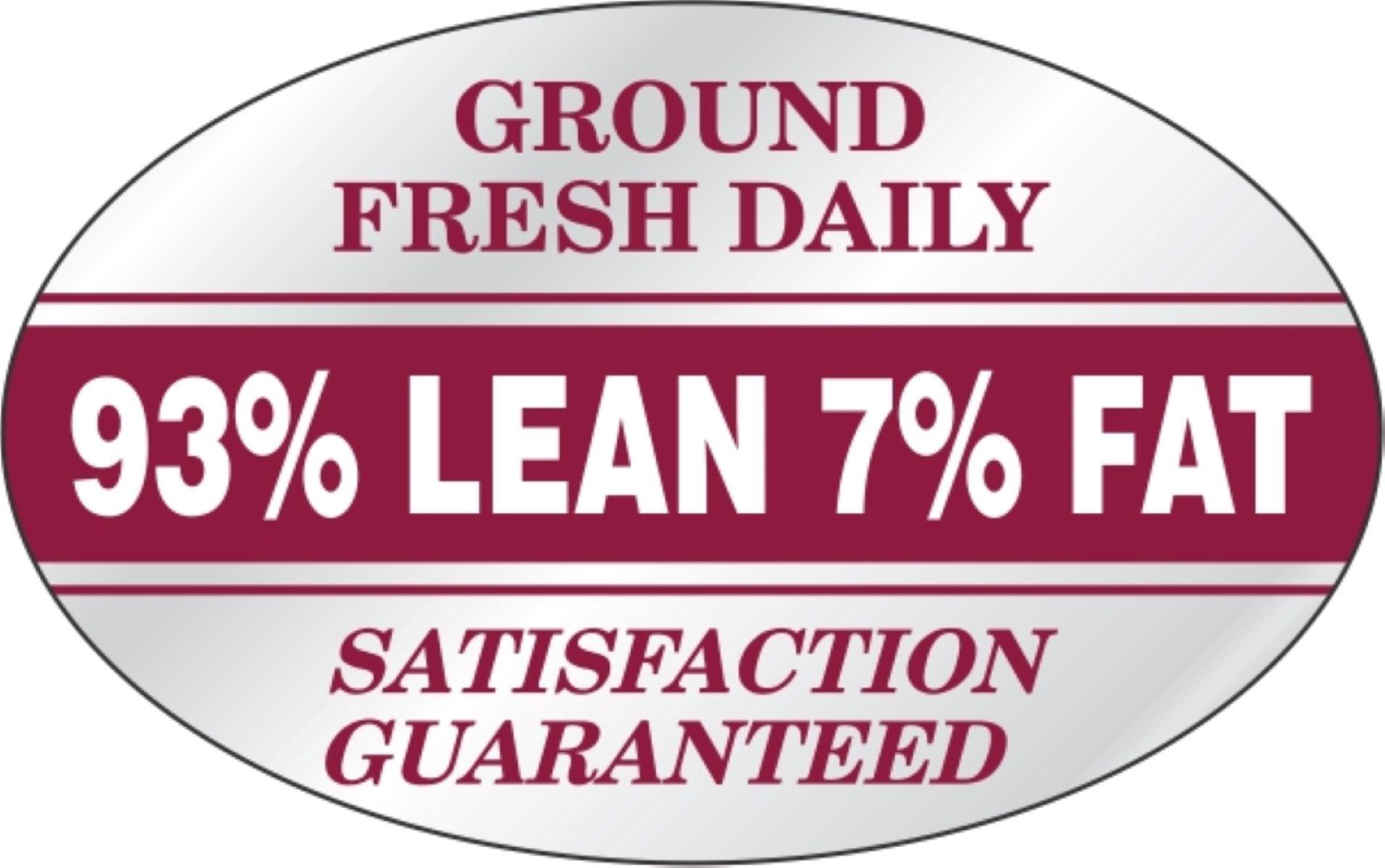 Ground Fresh 93% Lean 7% Fat Meat Grinds Label 1.25X2 IN White Maroon Silver Oval Foil 500 Count/Roll 20 Rolls/Case