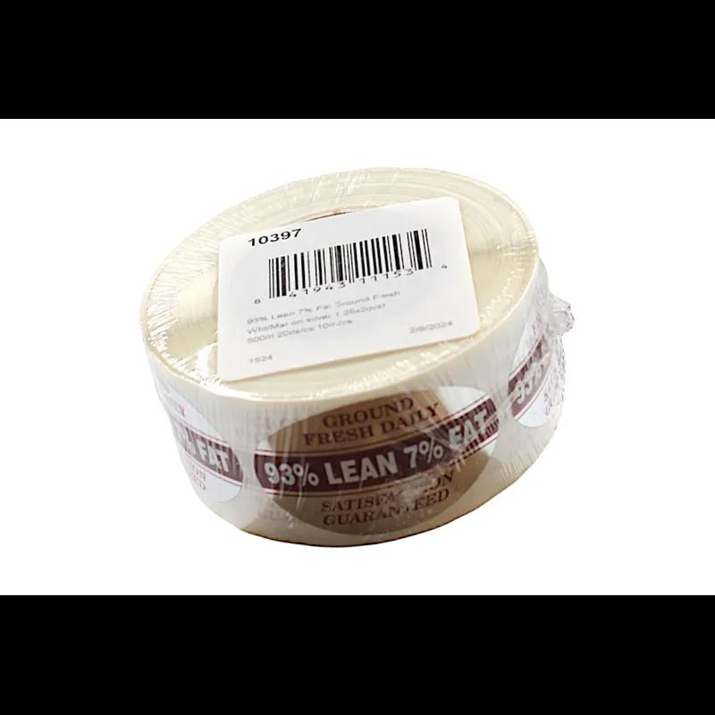 Ground Fresh 93% Lean 7% Fat Meat Grinds Label 1.25X2 IN White Maroon Silver Oval Foil 500 Count/Roll 20 Rolls/Case