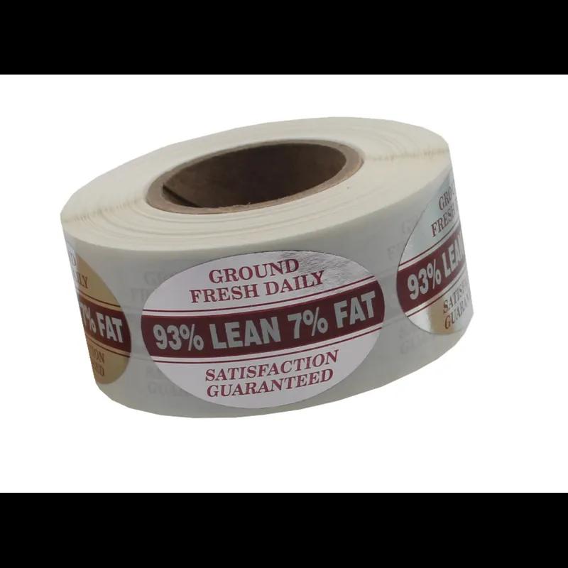 Ground Fresh 93% Lean 7% Fat Meat Grinds Label 1.25X2 IN White Maroon Silver Oval Foil 500 Count/Roll 20 Rolls/Case
