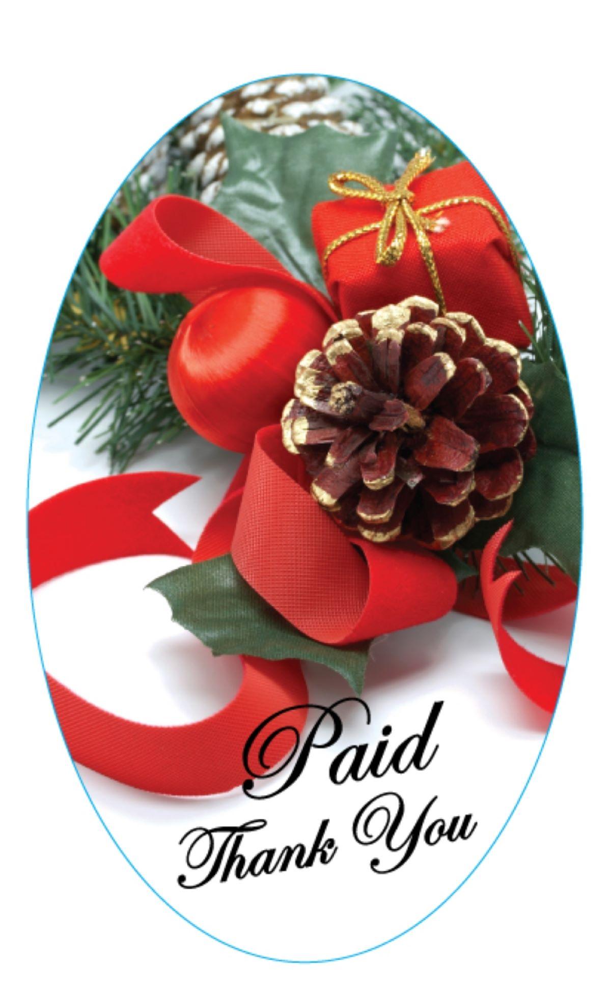 Paid Thank You Holiday Paid Label 1.25X2 IN 4 Color Christmas Pinecone Oval 500 Count/Roll 20 Rolls/Case