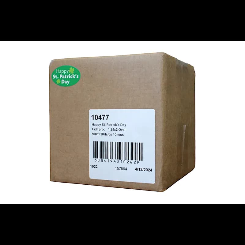 Happy St. Patricks Day Holiday Label 1.25X2 IN Oval Paper 4 Color Process 500 Count/Roll 20 Rolls/Case 10000 Count/Case