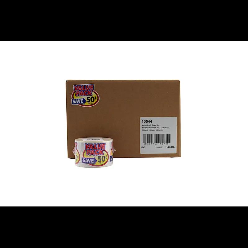 Value Pack Save 50¢ Meat Value Family Label 2.4X3 IN Yellow Red Blue Black 500 Count/Roll 25 Rolls/Case 12500 Count/Case