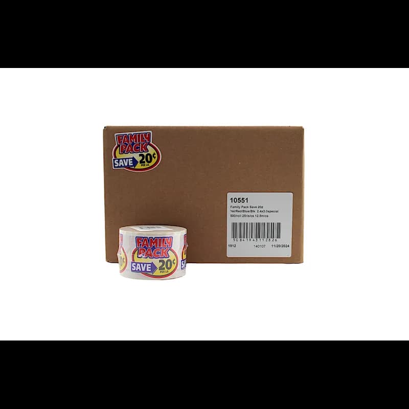 Family Pack Save 20¢ Meat Value Family Label 2.4X3 IN Yellow Red Blue Black 500 Count/Roll 25 Rolls/Case