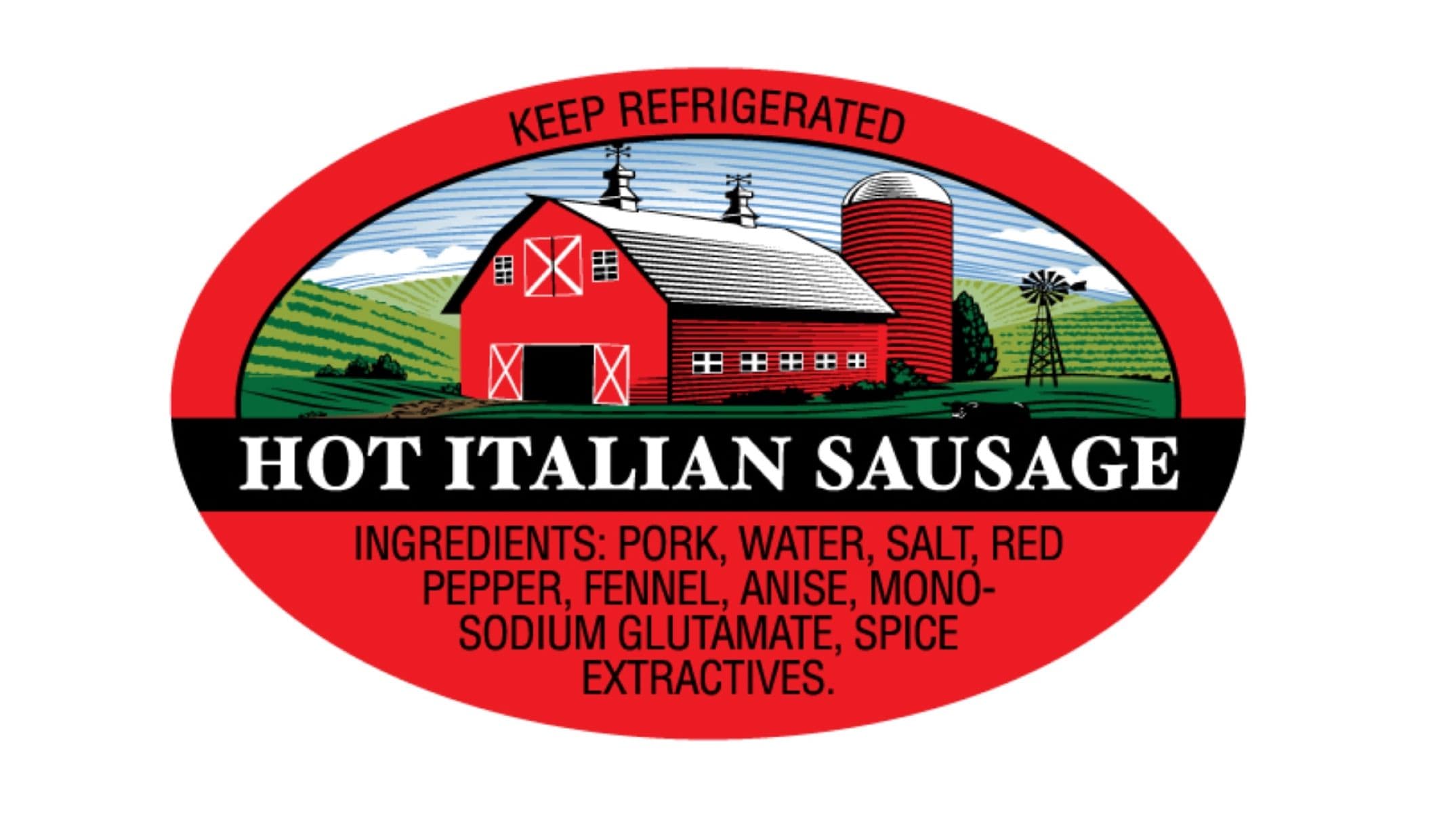 Hot Italian Sausage With Witts Ingredients Ingredient Label 1.25X2 IN Oval 4 Color Process 500 Count/Roll 20 Rolls/Case