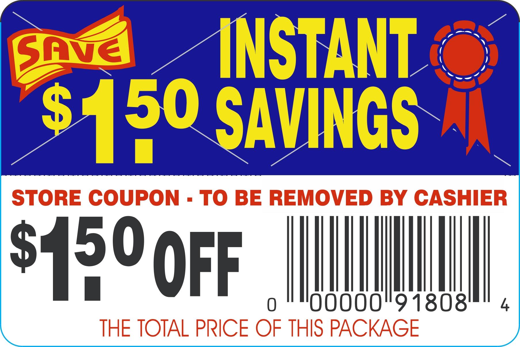 Instant Savings $1.50 Off Coupon Savings Label 2X3 IN Blue Red Yellow Black Tear Off 250 Count/Roll 30 Rolls/Case