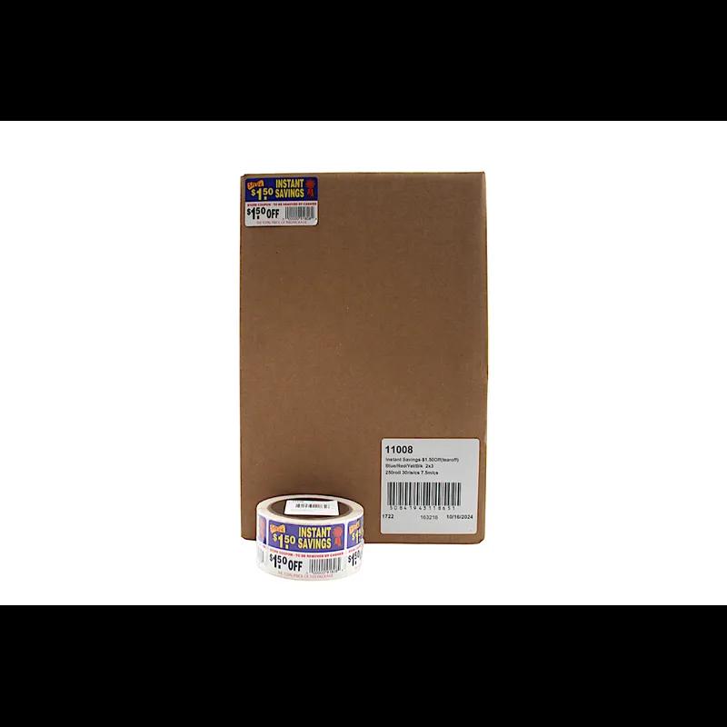 Instant Savings $1.50 Off Coupon Savings Label 2X3 IN Blue Red Yellow Black Tear Off 250 Count/Roll 30 Rolls/Case