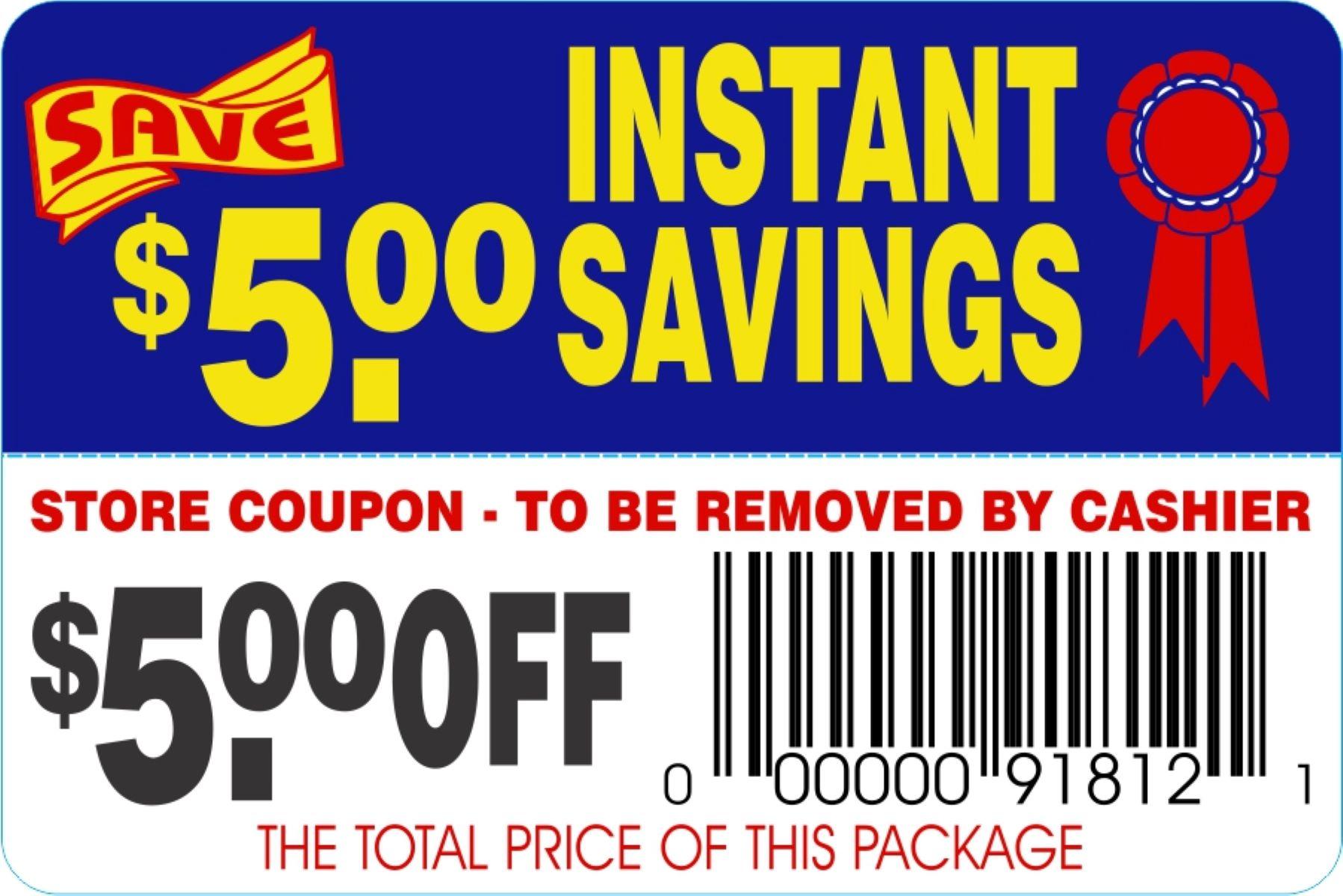 Instant Savings $5.00 Off Coupon Savings Label 2X3 IN Blue Red Yellow Black Tear Off 250 Count/Roll 30 Rolls/Case