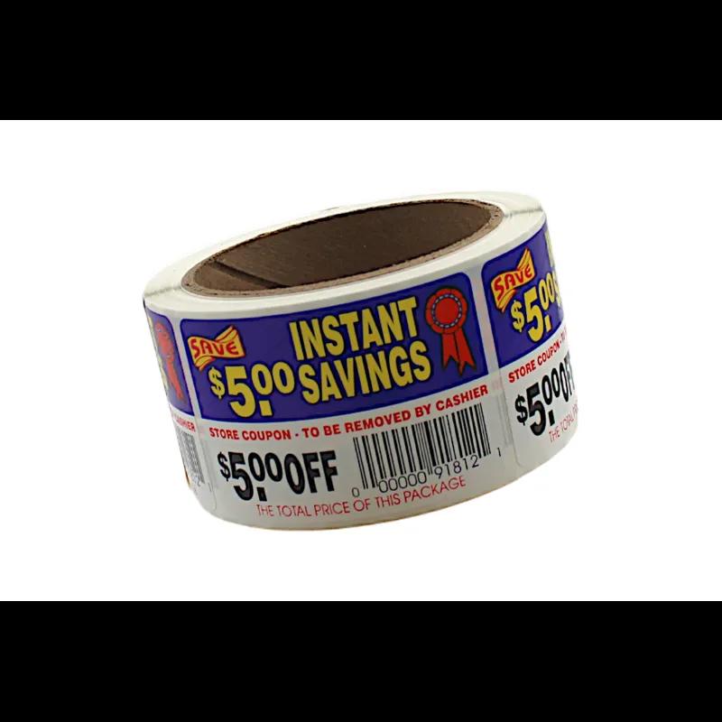 Instant Savings $5.00 Off Coupon Savings Label 2X3 IN Blue Red Yellow Black Tear Off 250 Count/Roll 30 Rolls/Case