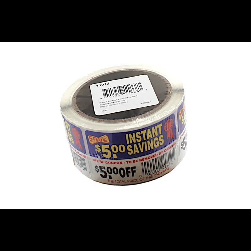 Instant Savings $5.00 Off Coupon Savings Label 2X3 IN Blue Red Yellow Black Tear Off 250 Count/Roll 30 Rolls/Case