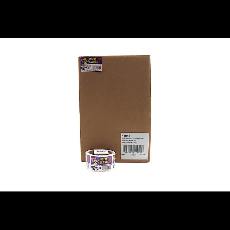 Instant Savings $5.00 Off Coupon Savings Label 2X3 IN Blue Red Yellow Black Tear Off 250 Count/Roll 30 Rolls/Case