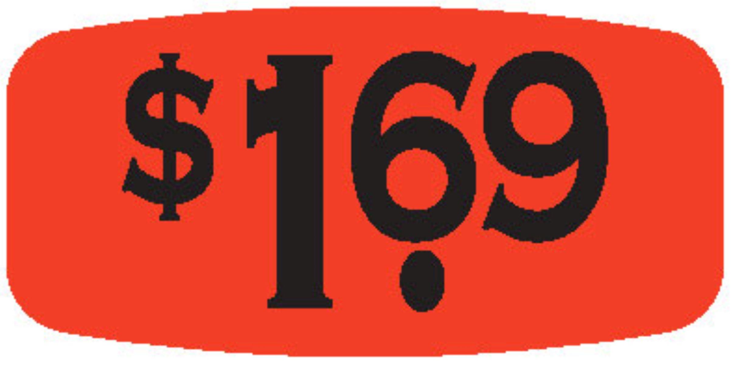 1.69 Price Label 0.625X1.25 IN Black Fluorescent Red Short Oval 1000 Count/Roll 50 Rolls/Case 50000 Count/Case