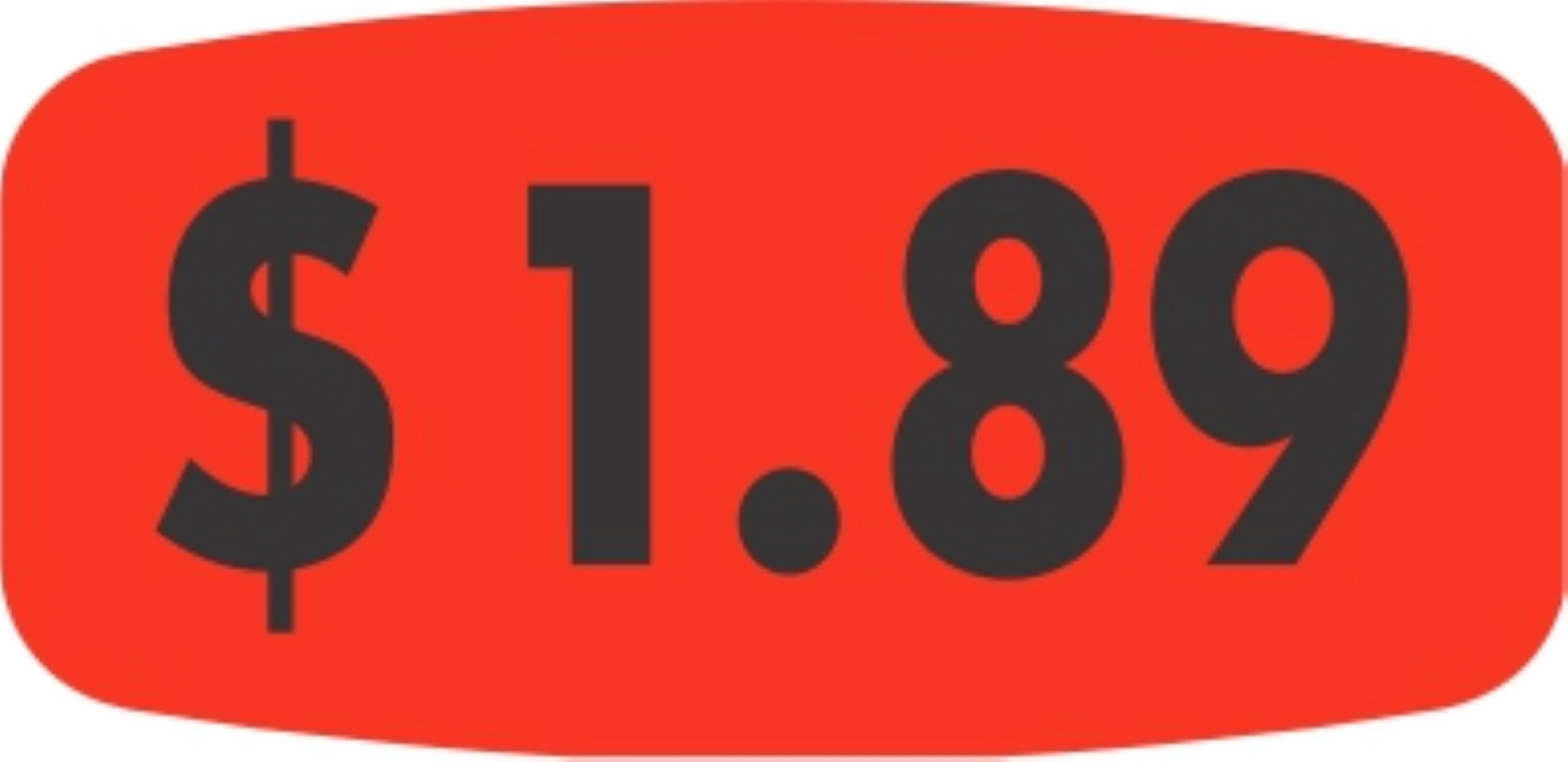 1.89 Price Label 0.625X1.25 IN Black Fluorescent Red Short Oval 1000 Count/Roll 50 Rolls/Case 50000 Count/Case