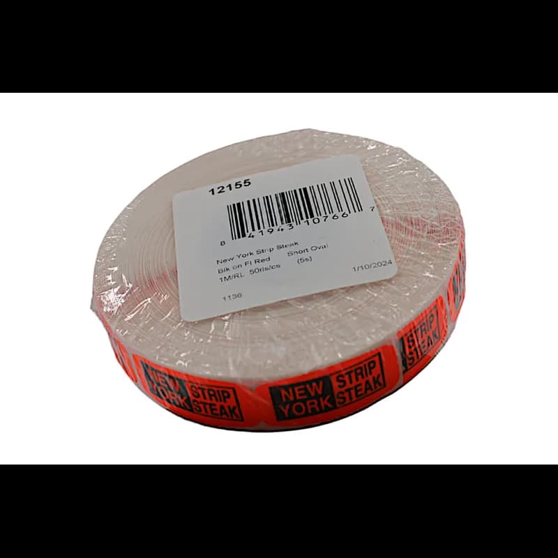 New York Strip Steak Label 0.625X1.25 IN Black Fluorescent Red Short Oval 1000 Count/Roll 50 Rolls/Case 50000 Count/Case
