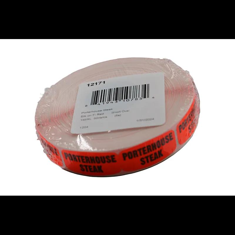 Porterhouse Steak Label 0.625X1.25 IN Black Fluorescent Red Short Oval 1000 Count/Roll 50 Rolls/Case 50000 Count/Case